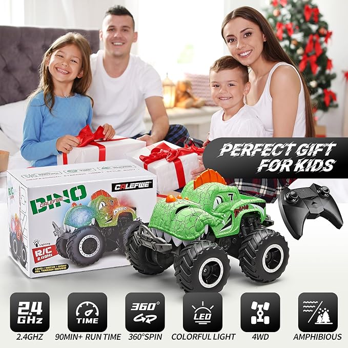 Monster Truck Toys 1:20 Waterproof Dinosaur Monster Trucks for Boys Age 4-7 2.4GHz All Terrain RC Cars with 2 Batteries 360° Rotating Stunt RC Car Toy Birthday Gift for Kids 3-5