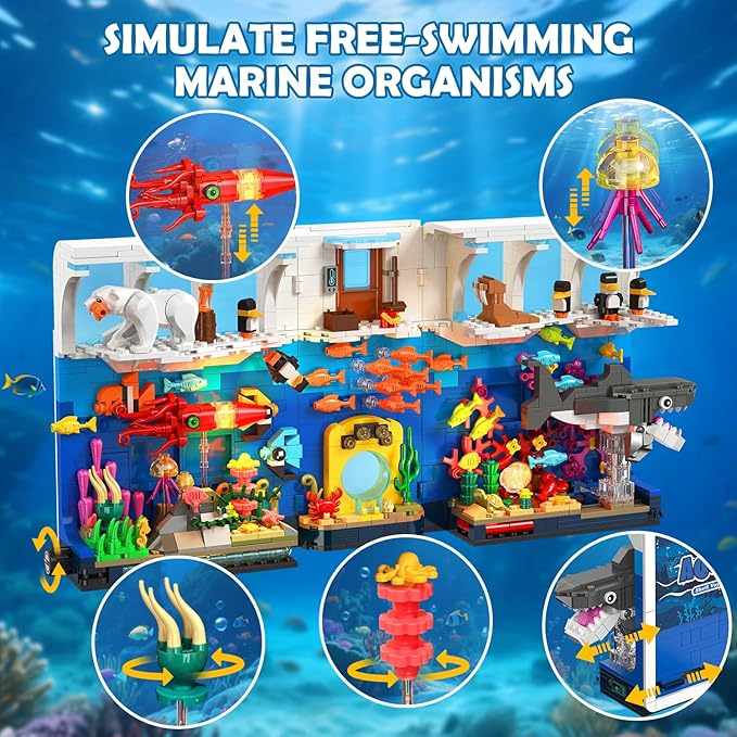 HOGOKIDS Aquarium Book Nook Building Set with Lights - Booknook Fish Building Toy for Bookshelf Home Decor 1064PCS Movable Shark Ocean Polar Animals Blocks Bookend Kit for Adults Teens Boys Girls 8+