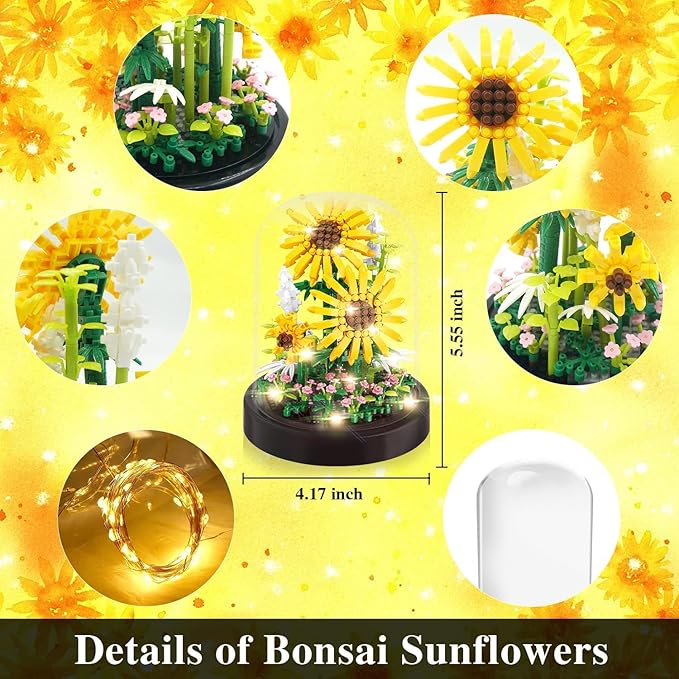 2 Flowers Bouquet Sunflowers - Rose Building Kit Creative Bonsai Tree Succulents Plant Blocks with LED Light Botanical Collection Home Office Decor Ideal Gift for Lover Adult