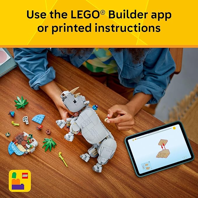 LEGO Creator 3 in 1 Wild Animals: Majestic Rhino - Building Toy for Boys &amp Girls Ages 9+ - Gift for Easter Baskets - Kids Bedroom and Desk Decor - Build Rhino Hippo or Walrus - 31171