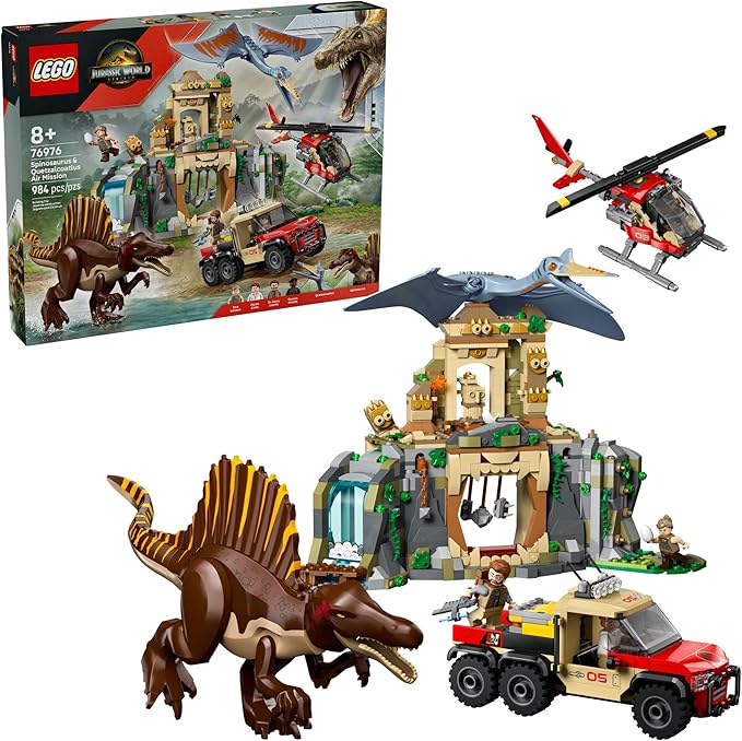 LEGO Jurassic World Spinosaurus &amp Quetzalcoatlus Air Mission - Dinosaur Toy for Kids - Pretend Play Building Toy with Dinosaur Figurines for Girls and Boys 8+ - Birthday or Any-Time Gift Idea - 7