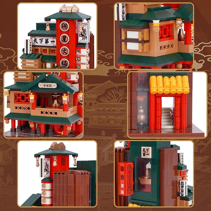 Oichy Chinese Street View Hot Pot Shop Mini Building Blocks MOC Construction Toy 1006 PCS Simulation Architecture Blocks Creative Building Sets for Adults Kids