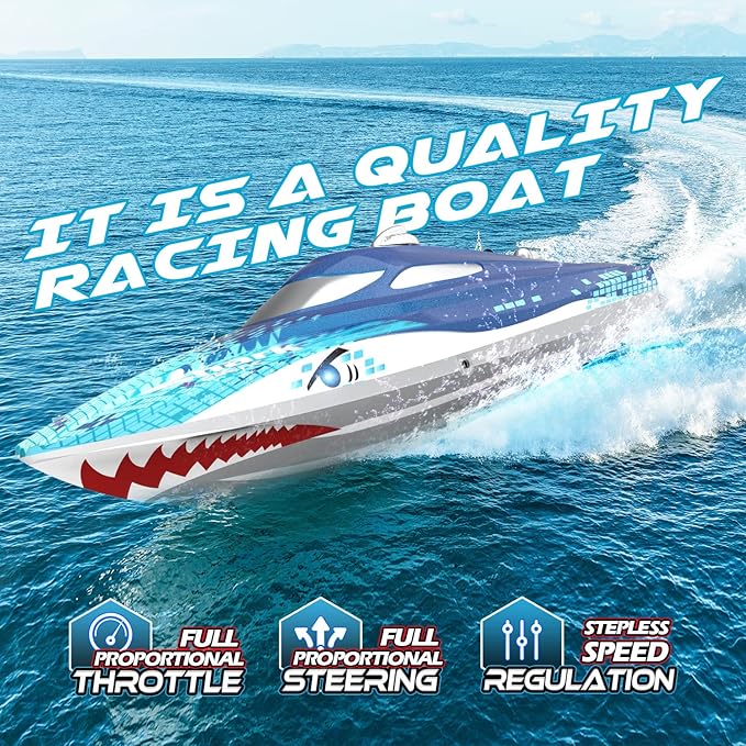 DEERC Full Proportional Remote Control Boat with LED Lights Shark Graffiti 20+ MPH2.4GHz High Speed RC Racing Boats for LakesPool Toys for Kids &amp Adults