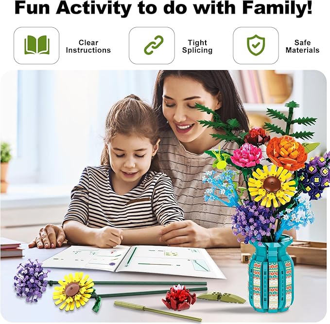 Flowers Bouquet Building Set for Adults Wildflowers Icon Flowers Botanical Collection Kits Compatible with Lego Flowers Valentines Flowers Sets for Women Girls 14+ 11001