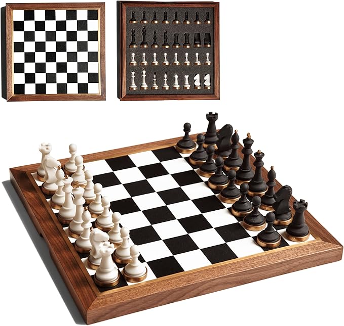 Luxury &amp Decorative Wooden Chess Set Walnut Leather Chess Board with Weighted Chess Pieces Unique Deluxe Wooden Chess Gifts for Board Game Lovers Handmade Chess Set with Storage