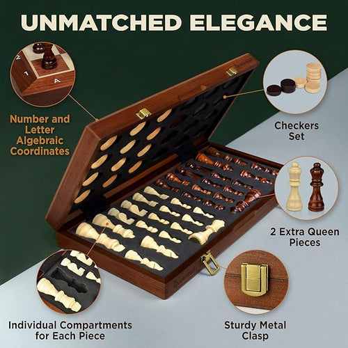 2 in 1 Magnetic Chess Set &amp Checkers Board Game for Adults and Kids - 15 Chess Tournament Chessboard with Magnetic Pieces - Free E-Book with Chess Puzzles