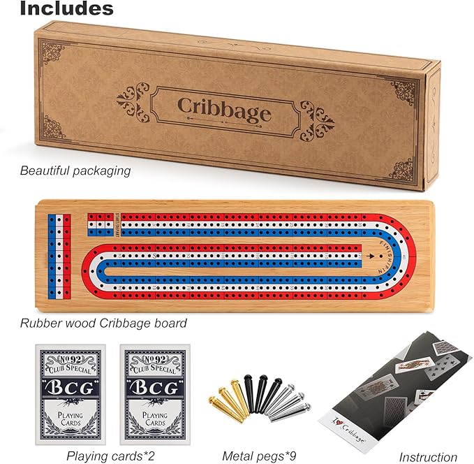 Cribbage Board Game Set with Large Storage Area Solid Wood 3 Track Cribbage Board 9 Metal Pegs 2 Playing Cards and Instruction. Portable Travel Board Game for All Ages.