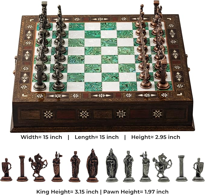 15'' Wooden Chess Set with Metal Chess Pieces – Handmade Storage Chess Board &amp British Metal Pieces – Elegant Chess Gift for All Ages – Gift for Him (Green)