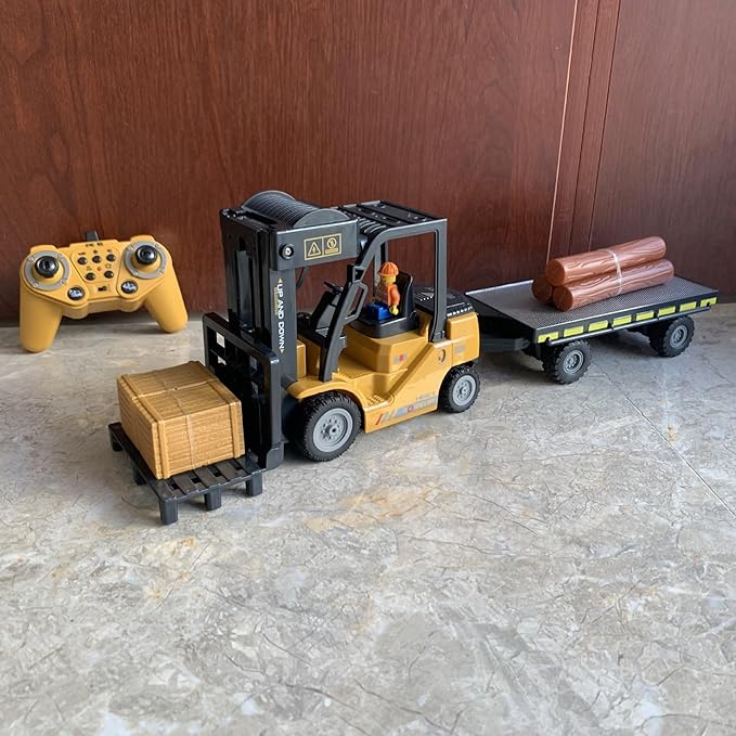 Remote Control Forklift with Flatbed Truck 11 Channel RC Forklifts with Spray Cool Lights &amp Sound 2 in 1 Lift Fork &amp Hook Crane Construction Toys for Boys Birthday Gift for Kids 3+