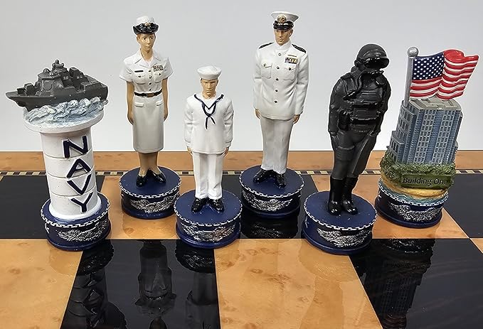 US Military Chess Set Army Navy Air Force or Marines. Choose 2 Branches of Men with 17 inch Walnut Color Storage Board (Navy vs Air Force)