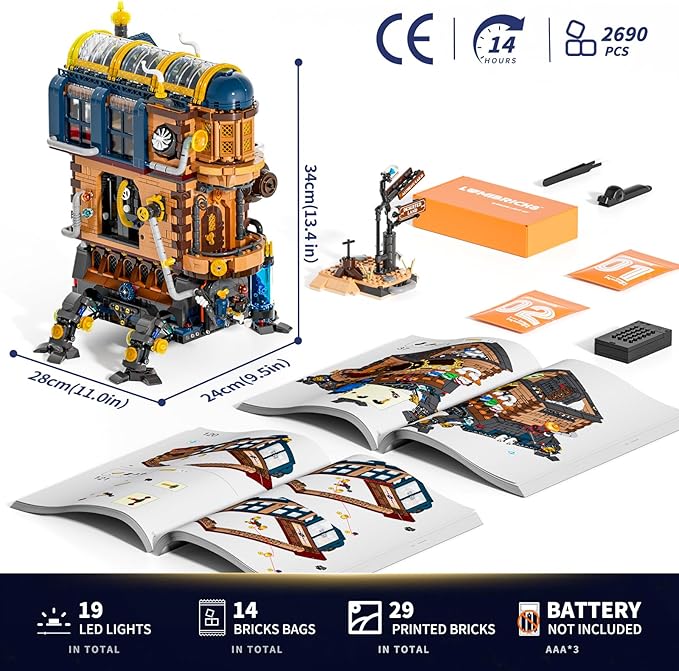 Mecha-Alchemist's Moving Castle Lighting Building-Bricks Set 2690 Pcs Gearwerk Alchemy Lab Collection Display Set for Adults and Steampunk Lovers