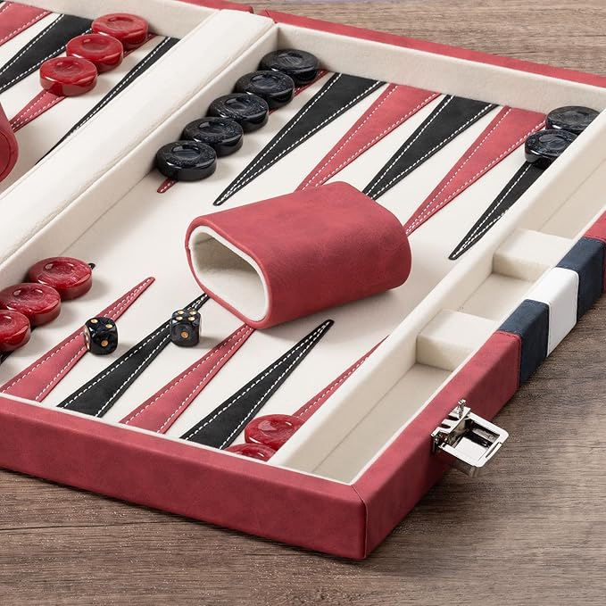 15inch Backgammon Sets for Adults Classic Board Game with Folding Leather Backgammon Case Faux Leather Exterior and Velvet Interior Portable Travel Game Set (Red)