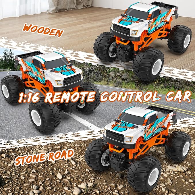 Remote Control Car 1:16 Scale RC Monster Truck for Boys 2.4 GHz All Terrain RC Cars for Boys Girls 4-7 8-12 20 Km/h Off Road RC Truck Christmas Birthday Gift for Kids and Adult Orange