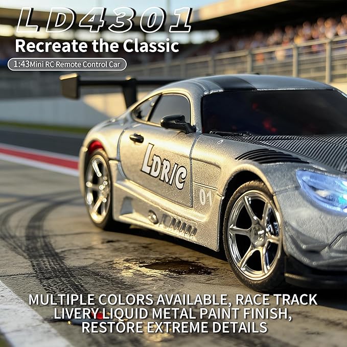 LDRC LD4301 1:43 Scale RC Drift Mini Car 2.4G Remote Control Car with Alloy Shell Built-in Gyroscope Mini Desktop Racing Vehicle for Indoor/Outdoor Play (Grey)