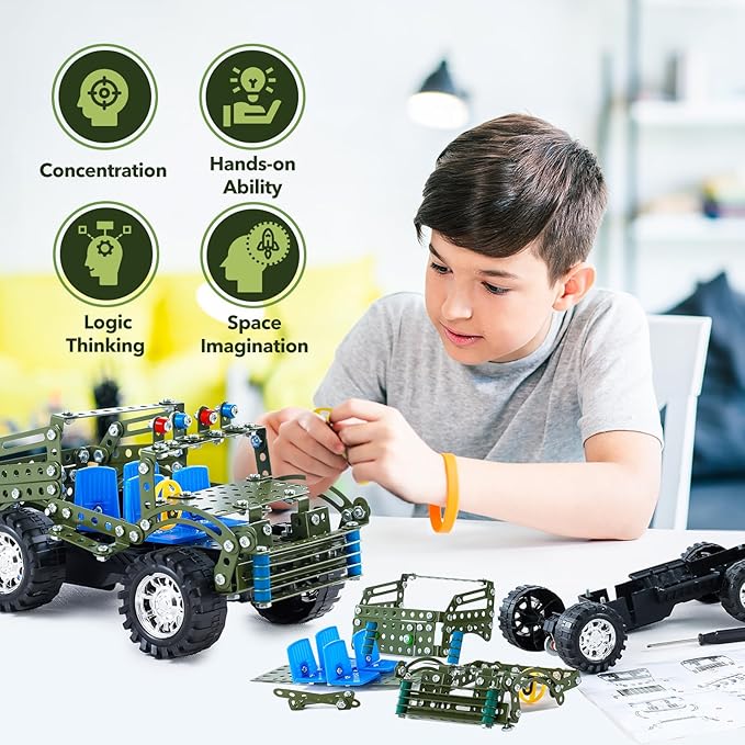 Stem Toys for Boys Age 8-12 - Off-Road Metal Model Car Kits 283pcs Stem Building Toys Kits Army Toy for 8-10STEM Projects for Kids 10-12 12-14 Engineering for Ages 14 and Up Adults