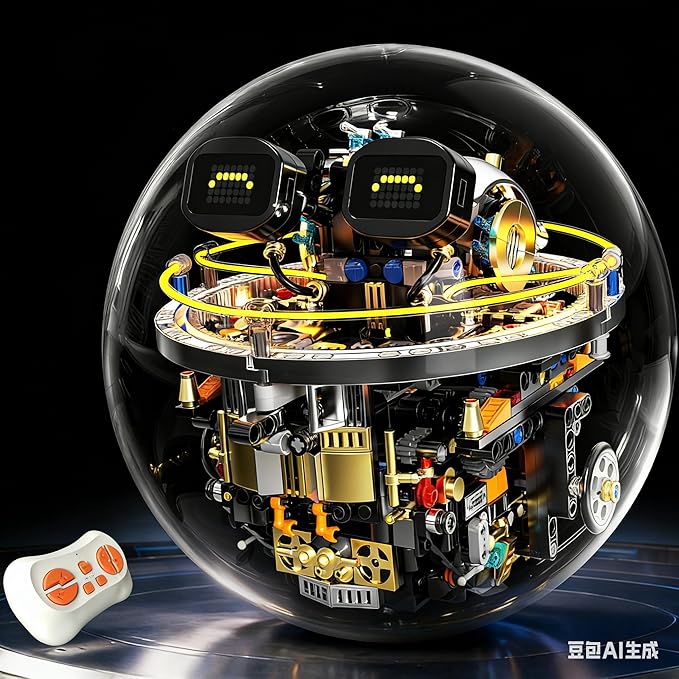 Transparent Spherical Robot Building Block SetStem Toys for Ages 8-13Programmable Remote-Controlled PoweredLED Expression Display and Cyberpunk LightingHoliday and Birthday Gifts