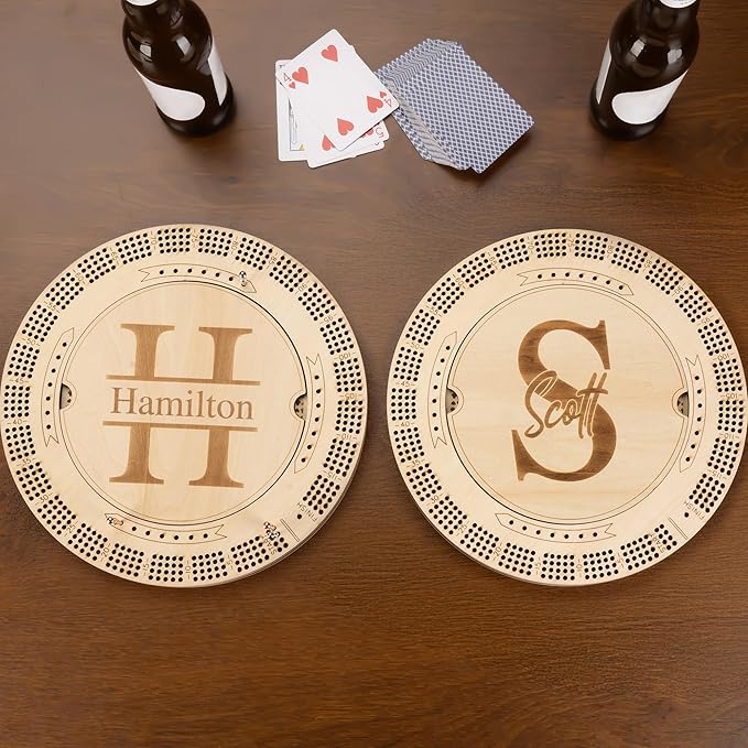 Personalized Wooden Cribbage Board Set Custom Engraved 4 Tracks Design with Name Includes 16 Metal Pegs and Deck of Cards Birthday Gift for Cribbage Lovers (Round)