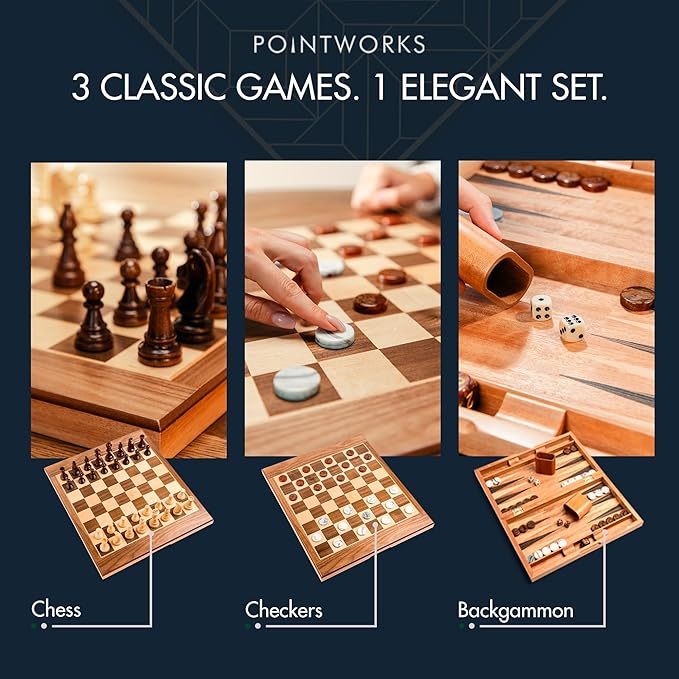 17 Inch Chess Checkers Backgammon Set for adults Wooden chess set combo portable folding two sided board multi game design maple walnut inlay with large weighted pieces acrylic checkers