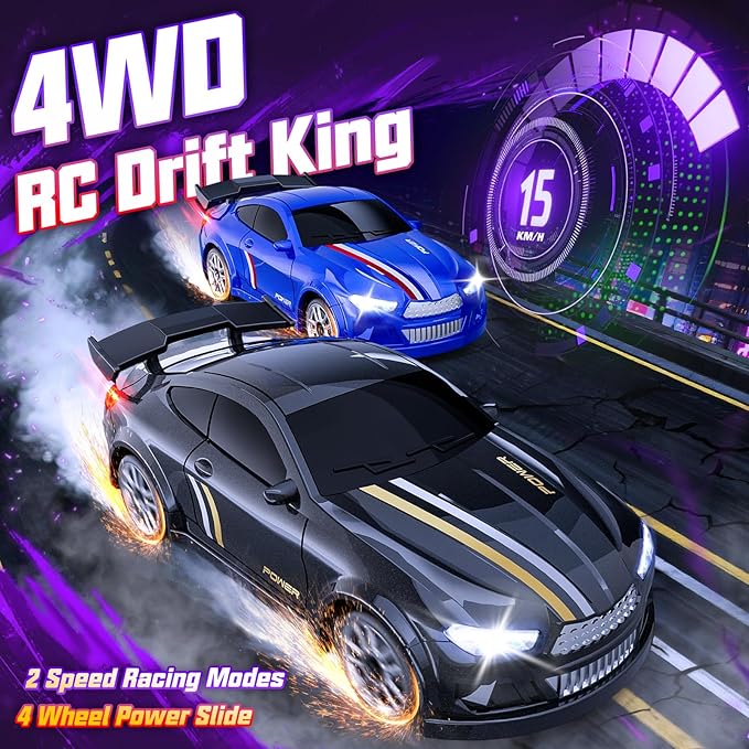 Mini RC Drift Car 1:64 Scale Remote Control Car with LED Lights &amp 2-Speed Modes 2.4GHz Stunt Drifting RC Toys with 4 Obstacles &amp Track Mat Hobby Gift for Kids &amp Adults Black
