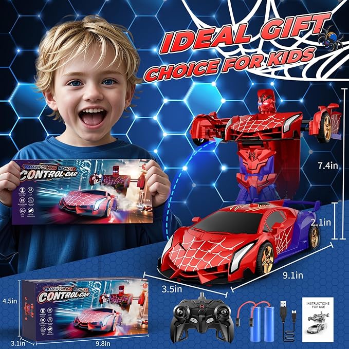 Spider Transform RC Cars Toys with Eye &amp Underbody Lights 2.4GHz Remote Control Car One-Button Deformation Fast 360°Rotation Robot Toys Birthday Gifts for 3 4 5 6 7 8 9 10 Year Old Boys Age 4-7
