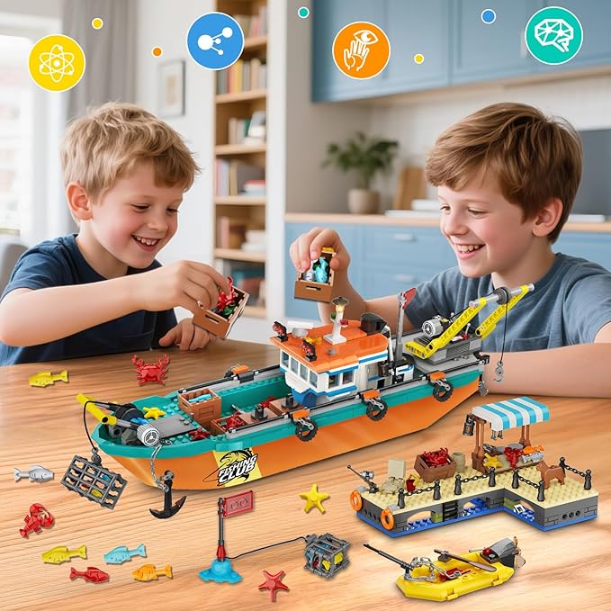 City Fishing Boat Wharf Building Set - Floatable Sea Fishing Ship Building Block Kit with Speedboat Crane Containers Exploration Boats Toy Birthday Gift for Kids Boys Girls 6 7 8 9 10+ 762PCS