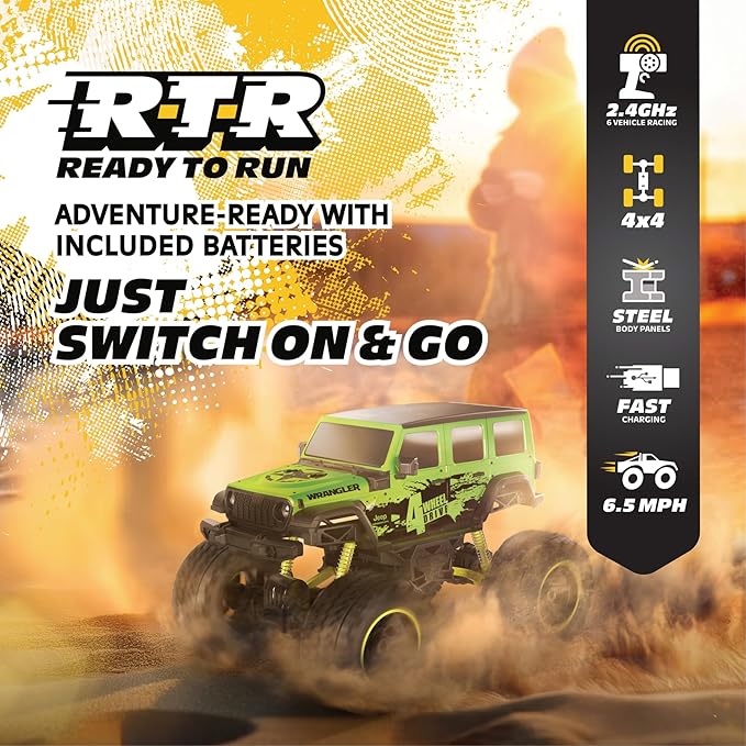 4WD Heavy Metal Remote Control Car Jeep Wrangler RC Truck Toy– 1:10 Scale 4-Door Stamped Metal Body 2.4GHz Control USB Rechargeable Ready to Run Green Great Gift
