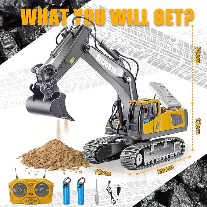 Remote Control Excavator Toys for Boys Age 6-12 Rechargeable 11 CH RC Construction Vehicles Truck with Sound Light Metal Shovel Birthday for Kids 7 8 9 10+ Year Old(2.4 GHz)