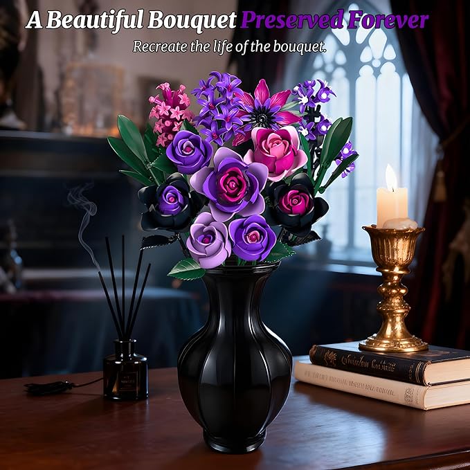 Purple Rose Bouquet Building Set: Compatible with Lego Flowers for Adults Women Gothic Artificial Botanical Collection Halloween Christmas Valentine's Gifts Home Decor