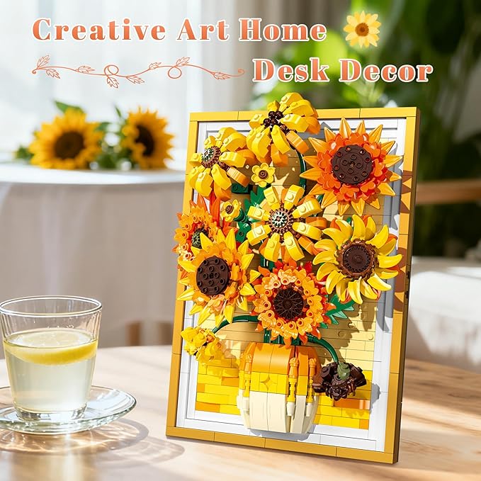 Lodikisbay Sunflower Frame Building Set Botanical Collection for Adult Wall Art Building Blocks Set Compatible with Lego Collectible Art Building Block Kit for Home Decor (1011PCS)