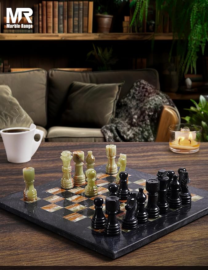 Marble Chess Set for Adults 12 Handmade Black &amp Green Onyx Board Game with 32 Chess Pieces 2 Extra Queens &amp Storage Box Luxury Travel Game Elegant for Home Decor