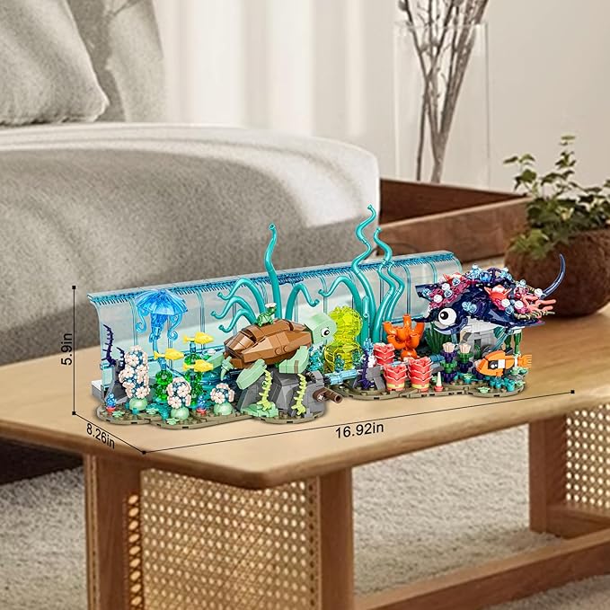 Aquarium Building Blocks Set Compatible with Lego Fish Tank Creative Foldable 2 Styles Ocean Fish Animals Building Blocks Toys Gift for Adults Boys Girls 8-12+ Including Marine Turtle Jellyfish