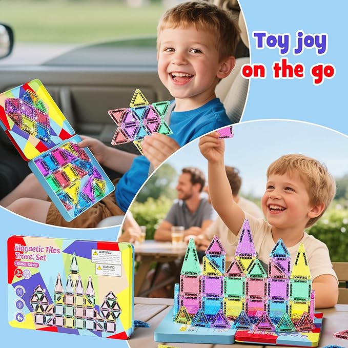 42 Pcs Mini Travel Glitter Magnetic Tiles Magnetic Block Set with Storage Box - STEM Educational Sensory Preschool Building Toy for Toddlers Ideal Kids Gifts for Ages 2 3 4 5 6