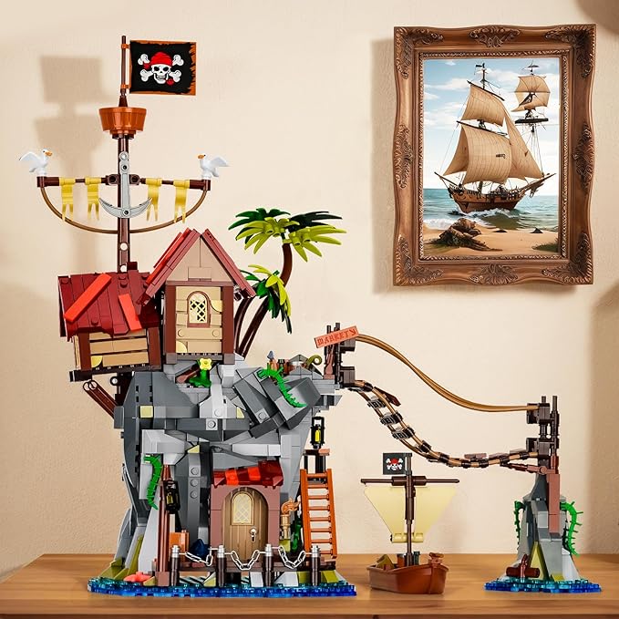 Pirate Cabin Building Sets for AdultsPirate's House with Bridge and Ship in IslandMedieval Castle Skull Building Block Toy for Home DecorIdeal Gift for Men Teens Kids Boys 8+(1044PCS)