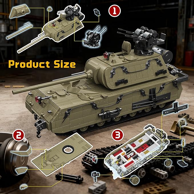 WW2 Panzer VIII Maus Tank Building Sets for Adults Army Military Vehicles Collectible Model for Home Decor (Olive Green)