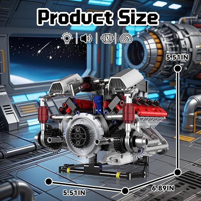 Mini V8 Engine Kits That Works Building Sets 8-Cylinder Model Technic with Motor APP Control &amp Light Mechanic Engineering Collection for Adults Boys 14 Years &amp Up