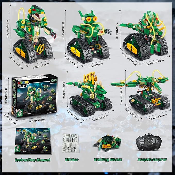 RC Dinosaur Building Toy with Light 5 in 1 Remote Controll Building Block Kit 877 PCS Tech Rechargeable Dinosaur Robot Toys Easter Birthday for Kids Boys Age 8 9 10 11 12+