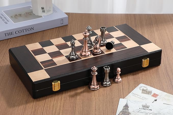 15-Inch Large Metal Chess Set for Adults and Kids with Metal Chess Pieces – Foldable Wooden Board with Storage Portable Classic Game Set for Travel &amp Home Elegant Gift for Chess Enthusiasts