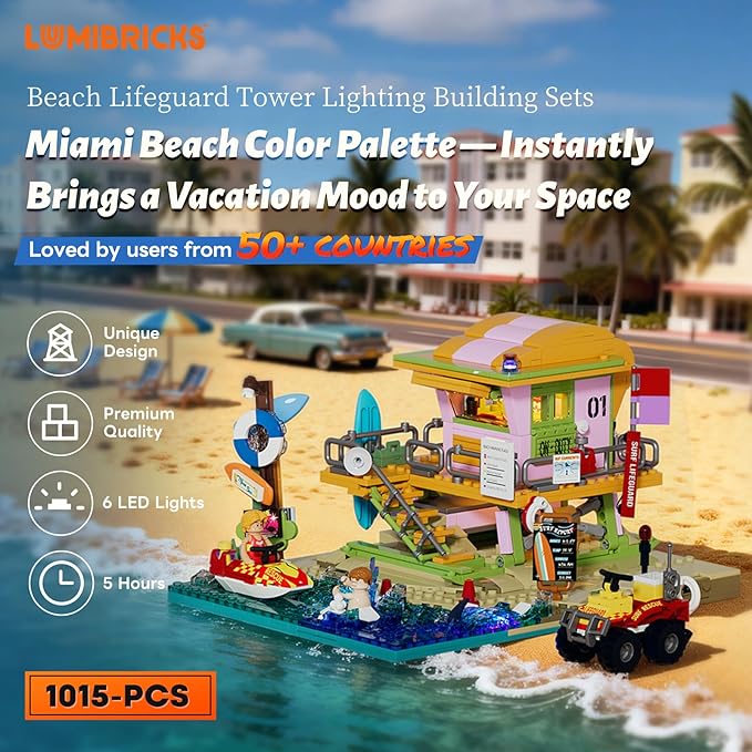 Beach Lifeguard Tower Lighting Building Bricks Set - 1015 Pcs Road Trip Lifeguard Tower Light Construction Building Model Set for Adults and Travelling Lovers