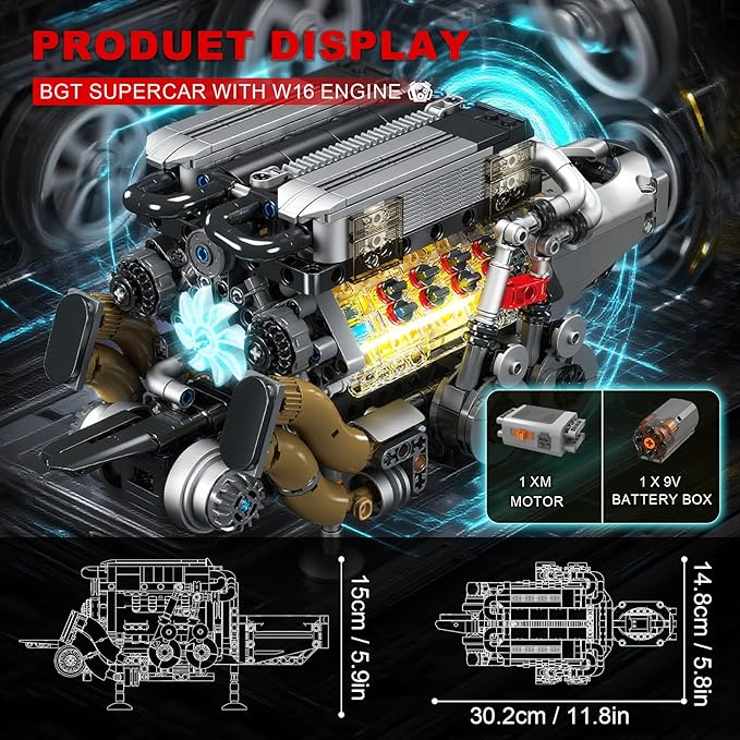 Sosuy W16 Motorized Model Engine Kit for Adult Men Teen Electric Drive Ultra-Realistic Working Replica Home Set for Collection Fans STEM Building Block Toy for Boy Birthday Gift for 8+ Kid 952Pcs