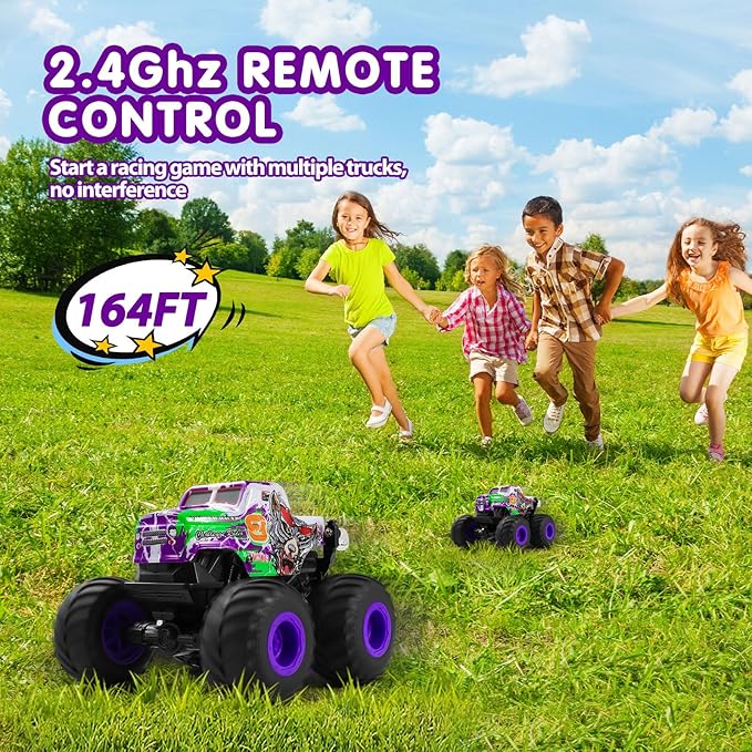 DYODYORC Remote Control Car 2.4Ghz All Terrain Monster Truck Toys RC Truck with Music 3 Lighting Effects 360 Stunt Capable 2 Batteries Ready to Run Toy Gifts for Boys and Girls (Purple)