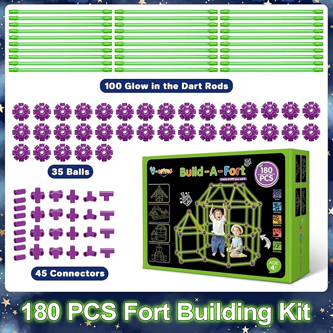 V-Opitos 180 Pack Glow in The Dart Fort Building Kits for Kids Age 4 5 6 7 8+ Years Old STEM Building Toys for DIY Castles Tunnels Ideal Christmas Birthday Gifts for Boys &amp Girls