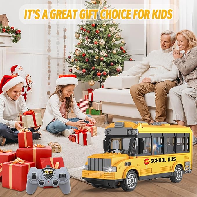 Dollox 1/30 RC School Bus 2.4G Remote Control School Car 4 Channel City Classic Bus Toy Electronic Vehicles Opening Door for Toddlers with Lights (School Bus)