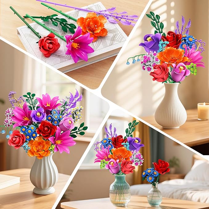 Flowers Bouquet Building Set with LED Light 21 Flower Botanical Collection Block Toy Rose Home Plant Decor 1054PCS for Her Adults Women Mom Kids Girls 12+ (RED)