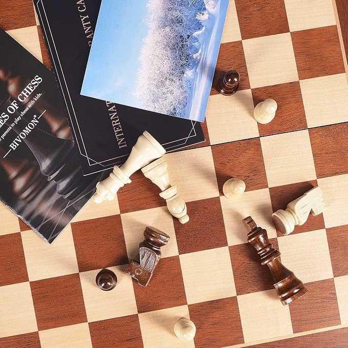 Chess Magnetic Wooden Chess Set 15 Unique Chess Board Game with Chess Pieces Storage Slots Tournament Portable Folding Travel Chess Sets for Kids Adults Beginner and Pros 2 Extra Queens