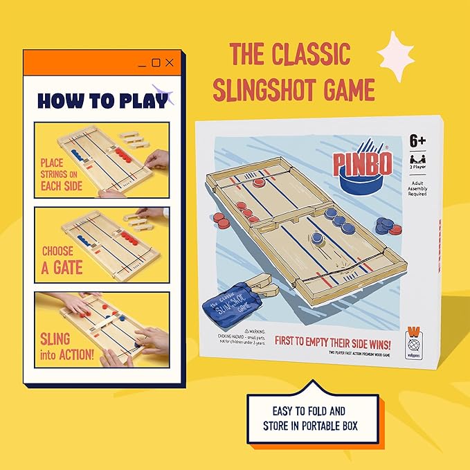 Pinbo Sling Puck Game (18) Premium Wooden Foldable Board | 2 Player Tabletop Game for Adults &amp Kids | Travel Friendly Classic Slingshot Game