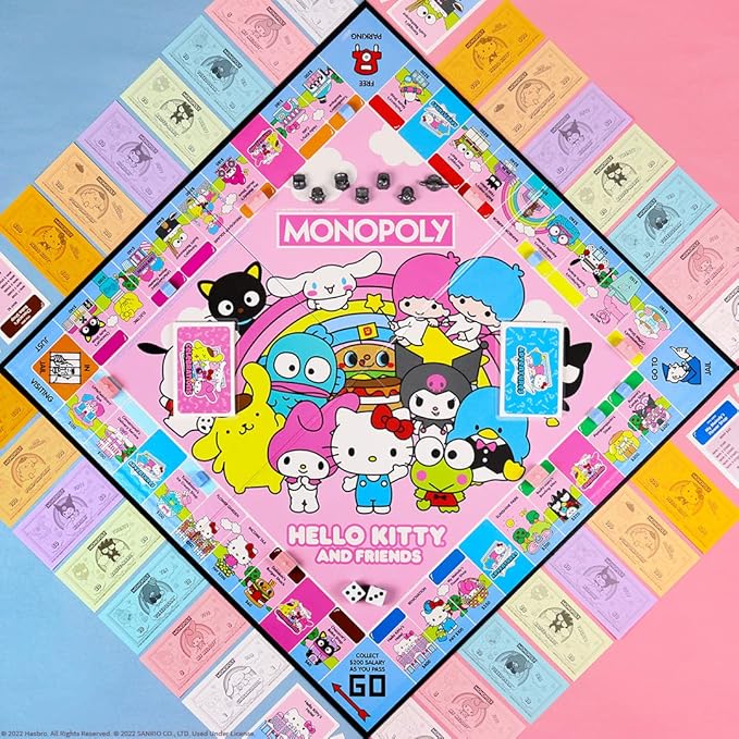 Monopoly: Hello Kitty and Friends Buy Sell Trade Buildings from The Animated Series Featuring My Melody Badtz-Maru Keroppi Classic Monopoly Game Officially-Licensed Hello Kitty Merchandise