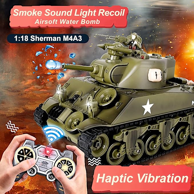 M4A3 Sherman US Army Tank 1/18 RTR RC Armored Fighting Vehicle Airsoft BB Battle Water Bomb Shot Smoke Sound Light Recoil 2.4Ghz Vibration Controller WWII Military Model Classic Panzer Display