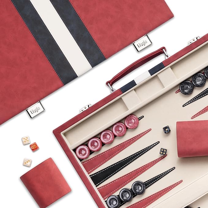 15inch Backgammon Sets for Adults Classic Board Game with Folding Leather Backgammon Case Faux Leather Exterior and Velvet Interior Portable Travel Game Set (Red)
