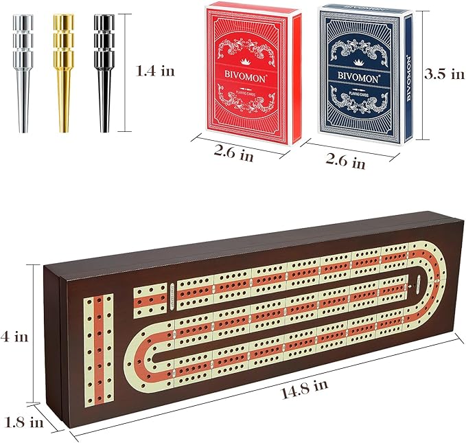 Cribbage Board Game Set Continuous 3 Track Wooden Board with Magnetic Lock 9 Metal Pegs 2 Playing Cards Large Storage Area Travel Portable Travel Cribbage Boards for Adult Child
