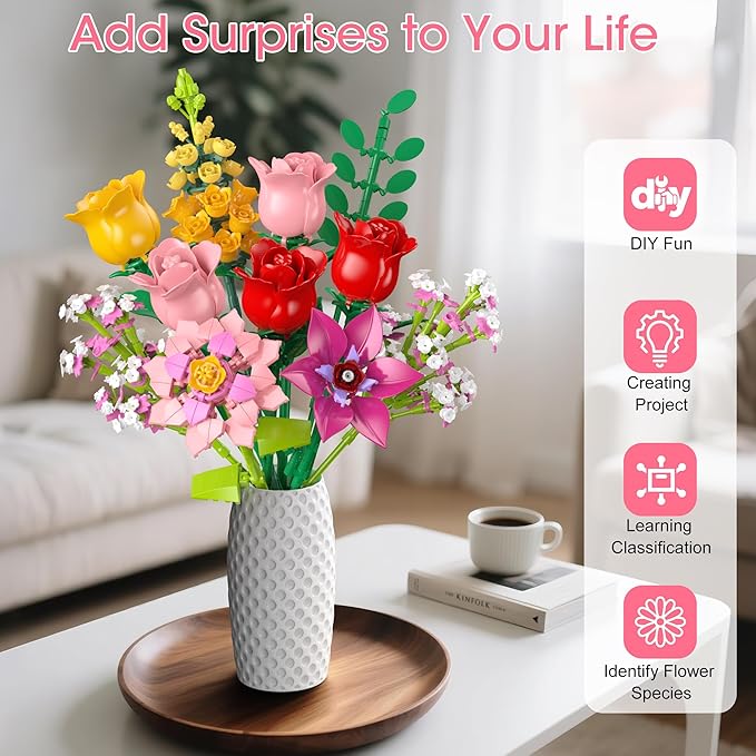 Flower Bouquet Building Blocks Set – 765Pcs DIY Floral Arrangement Toy for Home Office Decor Birthday Anniversary for Women Girls Kids Flowers Model Kit for Ages 6+